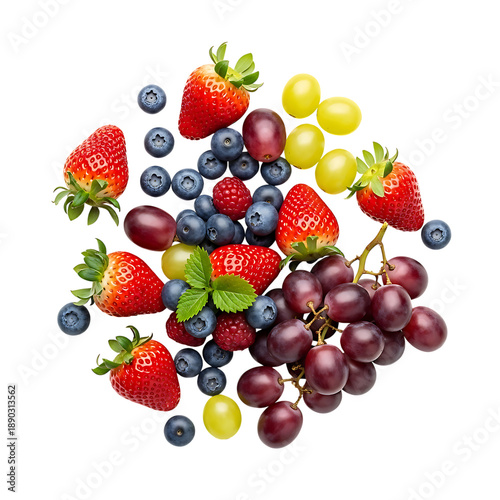 Scattered Fresh Berries and Grapes on Black strawberries isolated on Transparent Background