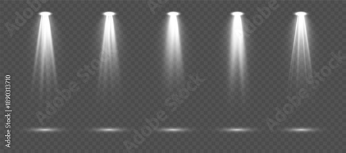 Stage spotlight illumination scene with bright white rays, soft glowing edges and atmospheric haze isolated on transparent background suitable for concert designs, theater posters and vector stock gra
