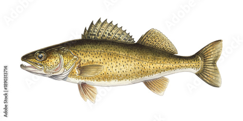 Detailed Watercolor Illustration of a Walleye Fish with Realistic Textures and Fin Details