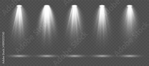 Realistic white spotlight set with dramatic illumination rays, soft gradients and glowing beam effects isolated on transparent background perfect for stage scenes, events and high-quality vector artwo