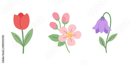Vector set of spring Easter flowers and insects in flat style isolated on white background.