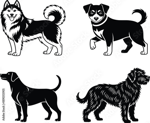 Husky, terrier, retriever, and shepherd dog breed vector set for pet care and animal design