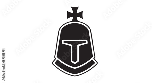 A simple black and white illustration of a knight's helmet with a cross on top viewed from the front