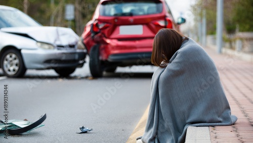 A woman wrapped in a blanket sits on the roadside after a car accident, looking distressed. Emergency situation and emotional impact.