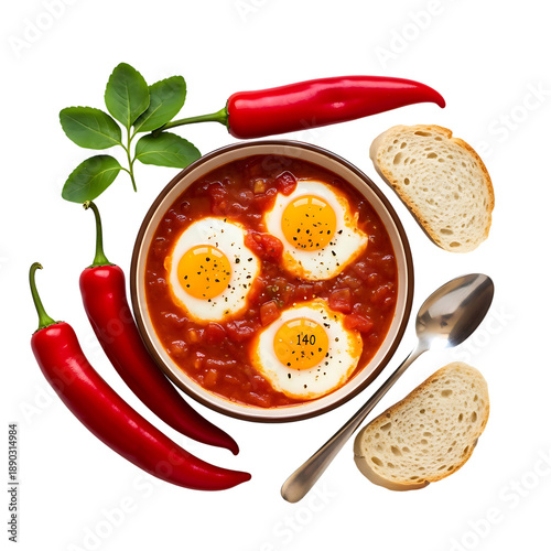 Shakshuka with Eggs and Chili Peppers image (201) isolated on Transparent Background