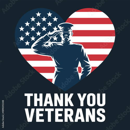 American soldier salute in heart shaped USA flag  thank you veterans