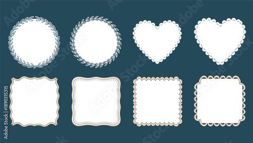 Collection of eight white decorative paper borders includes circles, hearts, and squares with various scalloped and lace edges.