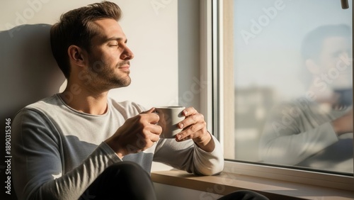 Relaxed man enjoying morning coffee by sunny window