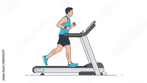 Athletic man wearing blue tank top and dark shorts exercising by running on a modern motorized treadmill for cardio fitness training.