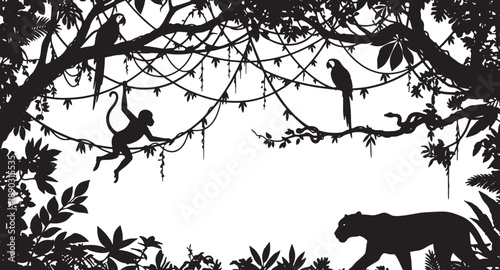 Silhouette of jungle animals monkey parrot and panther in tree branches with leaves