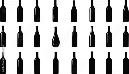 Collection of black silhouette wine and liquor bottles on a white background for graphic design elements and beverage concepts