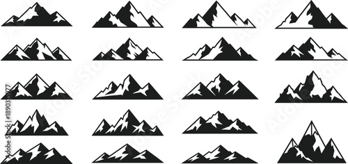 Set of black and white mountain silhouettes showcasing various peak formations and rocky textures for graphic design elements