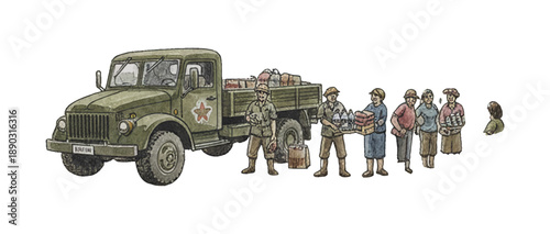 Aid workers distributing essential supplies to a line of residents in a damaged community illustration