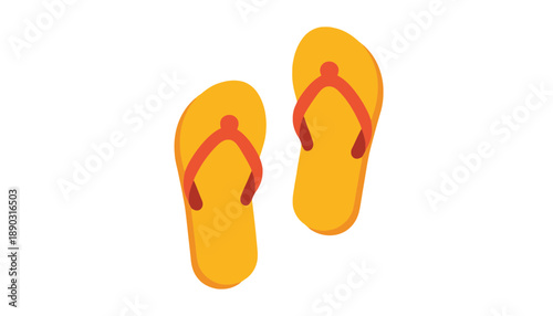 A pair of yellow flip flops with red straps on a white background