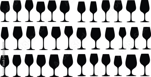 Set of black silhouette champagne and wine glasses in various elegant shapes on white background for celebration