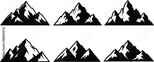 Set of six black and white silhouette mountain ranges with sharp, jagged peaks on a white background