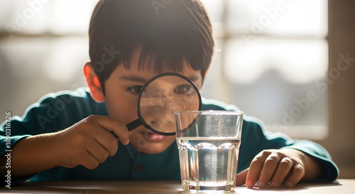 Young boy examining a glass of water with a magnifying glass