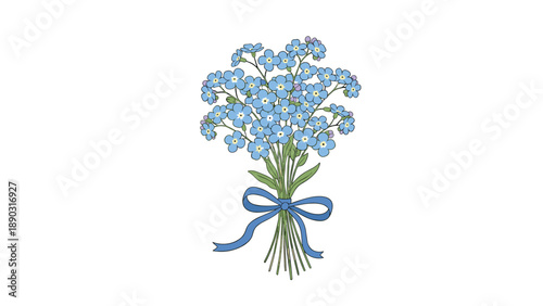 Beautiful bouquet of small blue forget-me-not flowers with delicate green leaves tied together with a long elegant blue ribbon bow.