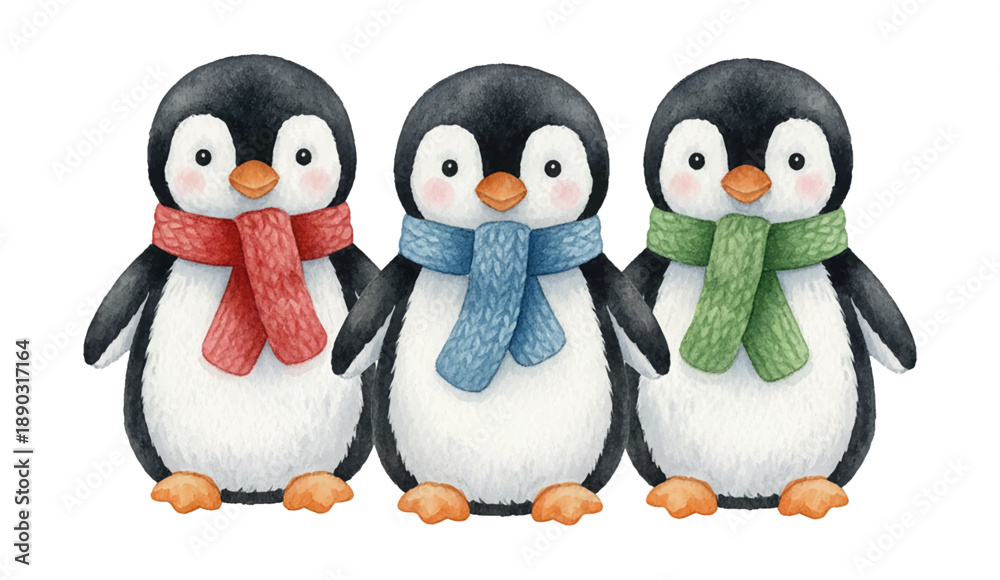 Fototapeta premium Three Happy Cute Penguins Wearing Cozy Scarves Red Blue Green Standing Together Cheerful Winter Illustration