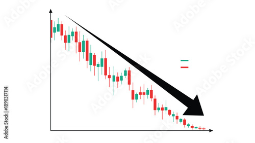 Financial stock market candlestick chart displaying a significant downward price trend indicated by a large black arrow pointing down.