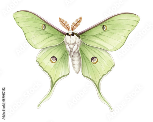 A beautiful green luna moth with large wings feathery antennae and white fuzzy body on white background