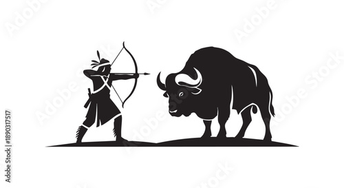A hunter in traditional attire aims a bow and arrow at a bison from a distance in a serene outdoor landscape