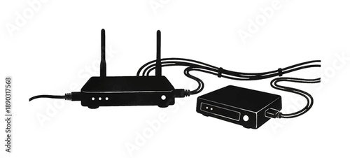Wireless Router and Connected Networking Device with Cables Isolated Simple Vector Illustration Graphic