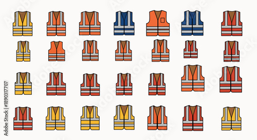 Collection of safety vests in various colors and styles including orange, yellow, blue, and red with reflective stripes