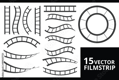 15 Film Strip Vector Set – Curved, Wavy & Circular Film Frames | Cinematic Film Reel Elements