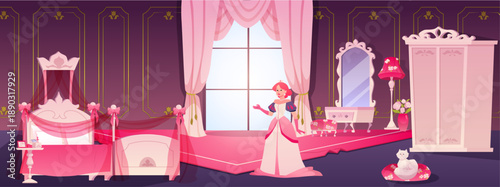 A princess in a castle bedroom interior, in pink tones, with a window, bed, mirror, and wardrobe.