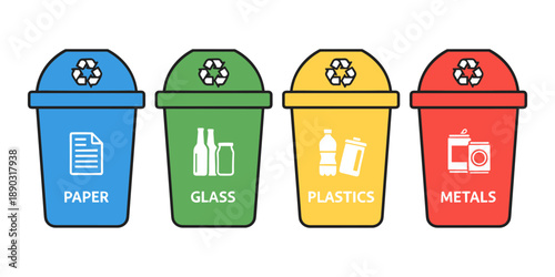 Waste sorting bins for recycling paper glass plastics metals