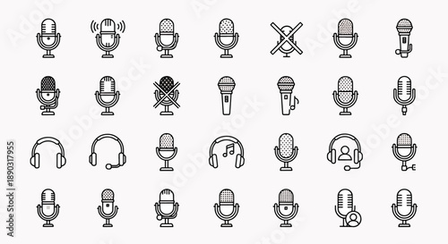 Collection of outlined microphone and headphone icons with different designs and variations, representing audio and sound elements