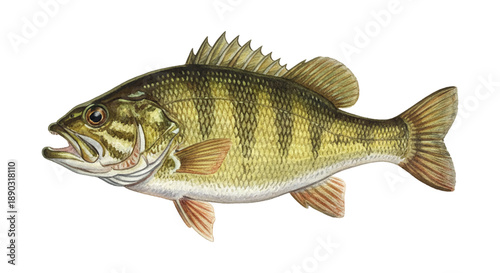 Detailed illustration of a yellow perch fish with dark stripes open mouth and fins on a white background