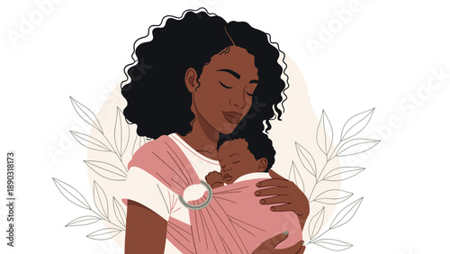 Beautiful African American woman tenderly holding her sleeping baby in a soft pink ring sling against a background of delicate leaf lines.