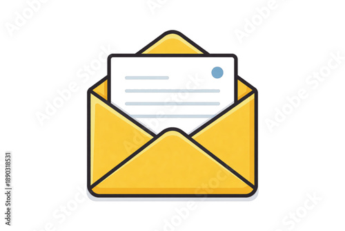Open yellow envelope with letter inside, flat design icon