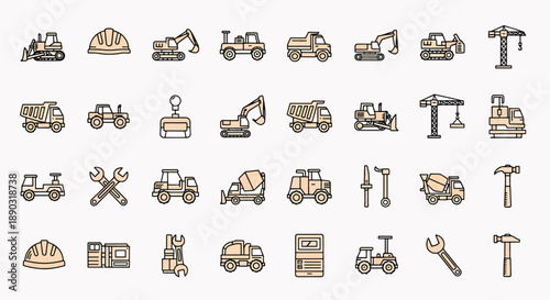 Collection of construction vehicles and safety equipment icons flat design style with a light orange and black color palette