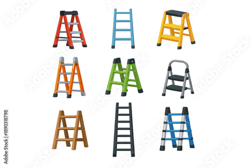 Collection of colorful cartoon ladders of various types, including stepladders, isolated on white.