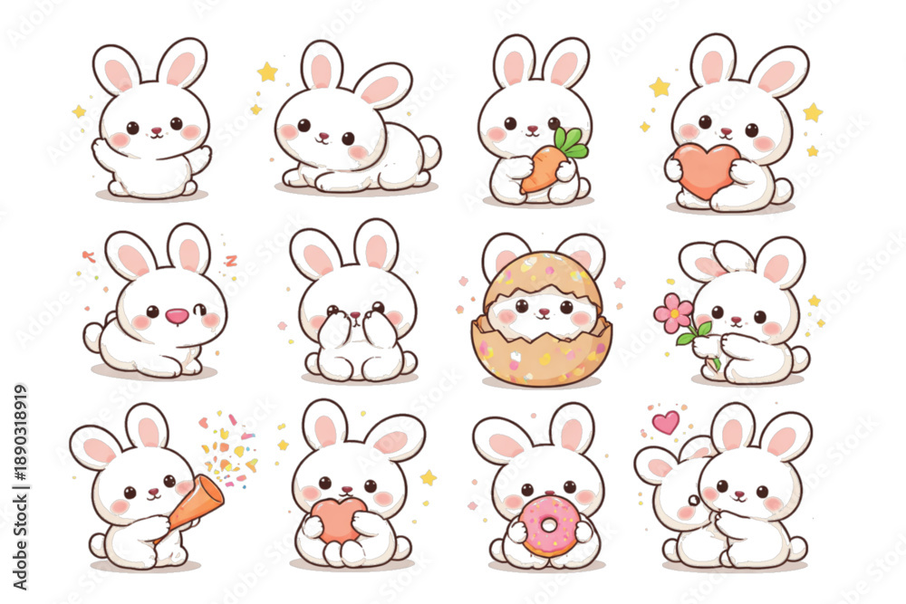 Obraz premium Adorable kawaii white bunny rabbit set with happy expressions and activities, isolated on white.