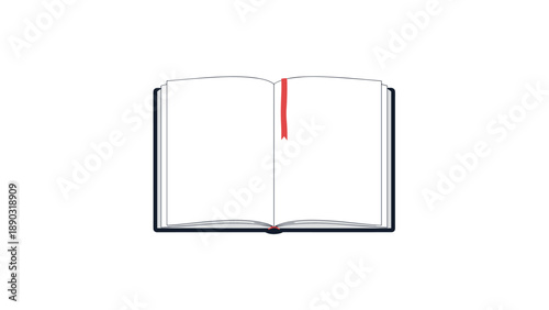 open hardback book with blank white pages and a red ribbon bookmark shown from a top-down perspective on a white background.