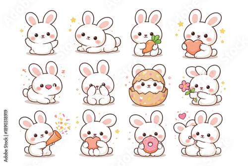 Adorable kawaii white bunny rabbit set with happy expressions and activities, isolated on white.