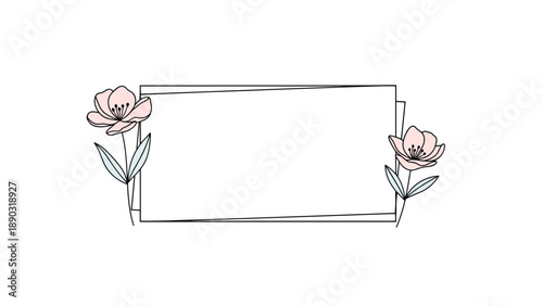 elegant rectangular border frame decorated with delicate pink flowers and green leaves on a white background for invitations or cards.