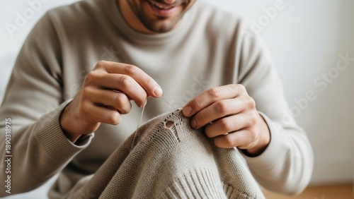 Sewing repair: man mending sweater with needle and thread