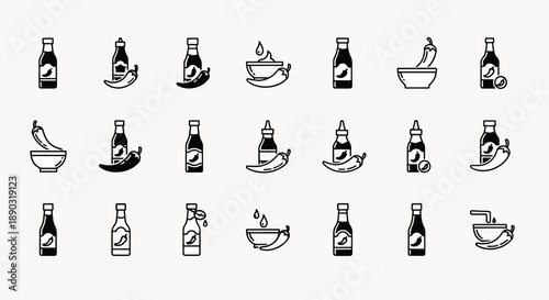 Collection of Chili Sauce Bottles and Bowls with Peppers, Icon Set, Vector Graphics, Modern Flat Design