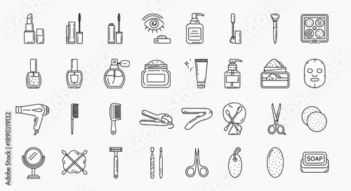 Collection of beauty and cosmetic product icons with lipstick, mascara, brushes, and skincare items