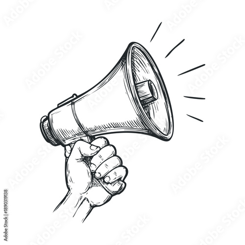 Hand holding megaphone sketch drawing illustration communication tool for making a loud announcement or spreading an important message.