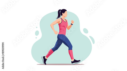 athletic woman with a ponytail jogging outdoors against a simple blue background shape for health and fitness promotion themes.