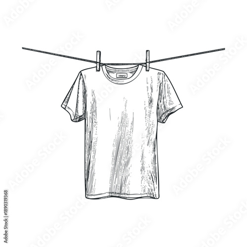 Plain white t-shirt hanging on a clothesline with clothespins, illustrated in a classic hand-drawn sketch art style, evoking a sense of laundry day.