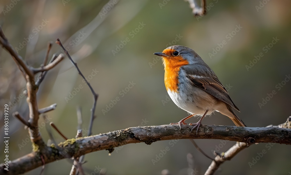 Fototapeta premium European Robin Bird Perching on Tree Branch with Soft Natural Background