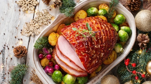 Wallpaper Mural A ham dish sits in a serving bowl surrounded by vegetables. The setting features holiday decorations and pine cones. The scene suggests a festive meal. Torontodigital.ca