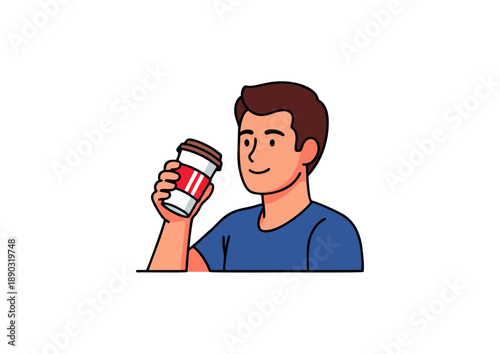 Cheerful young man enjoying a casual moment with a refreshing beverage from a takeaway cup, symbolizing daily ritual, personal enjoyment, and modern lifestyle convenience